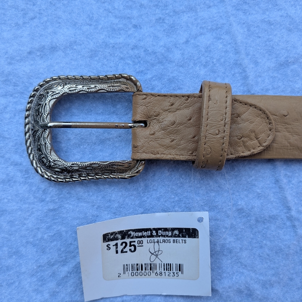 Tan Ostrich Leather Belt with Classic Design And Larger Silver Buckle